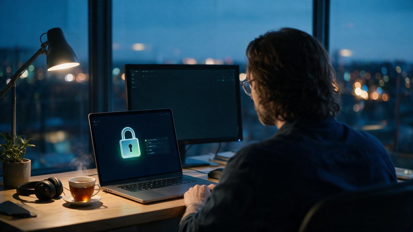 Home office with a locked laptop